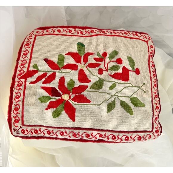 Vintage 60’s Christmas Needlepoint Pillow COVER Poinsettia Red Velvet FOLK ART - Picture 2 of 6